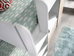 Lits superposés avec tiroir lit gigogne et rangements 3 x 90 x 190 cm - Blanc et Naturel + matelas - ANTHONY