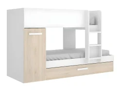 Lits superposés avec tiroir lit gigogne et rangements 3 x 90 x 190 cm - Blanc et Naturel + matelas - ANTHONY