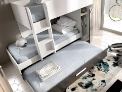 Lits superposés avec tiroir lit gigogne et rangements 3 x 90 x 190 cm - Anthracite et Blanc + matelas - ANTHONY