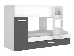 Lits superposés avec tiroir lit gigogne et rangements 3 x 90 x 190 cm - Anthracite et Blanc + matelas - ANTHONY