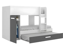 Lits superposés avec tiroir lit gigogne et rangements 3 x 90 x 190 cm - Anthracite et Blanc + matelas - ANTHONY