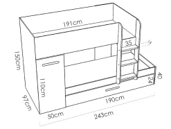 Lits superposés avec tiroir lit gigogne et rangements 3 x 90 x 190 cm - Blanc et rose + matelas - ANTHONY