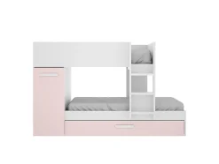 Lits superposés avec tiroir lit gigogne et rangements 3 x 90 x 190 cm - Blanc et rose + matelas - ANTHONY