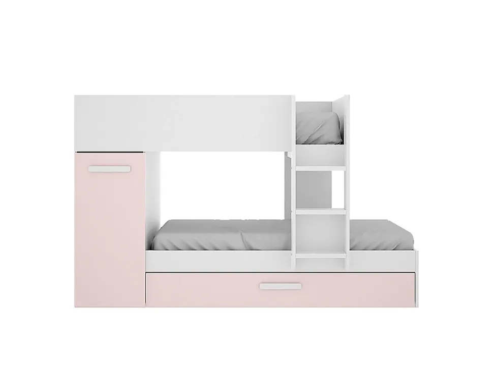 Lits superposés avec tiroir lit gigogne et rangements 3 x 90 x 190 cm - Blanc et rose + matelas - ANTHONY