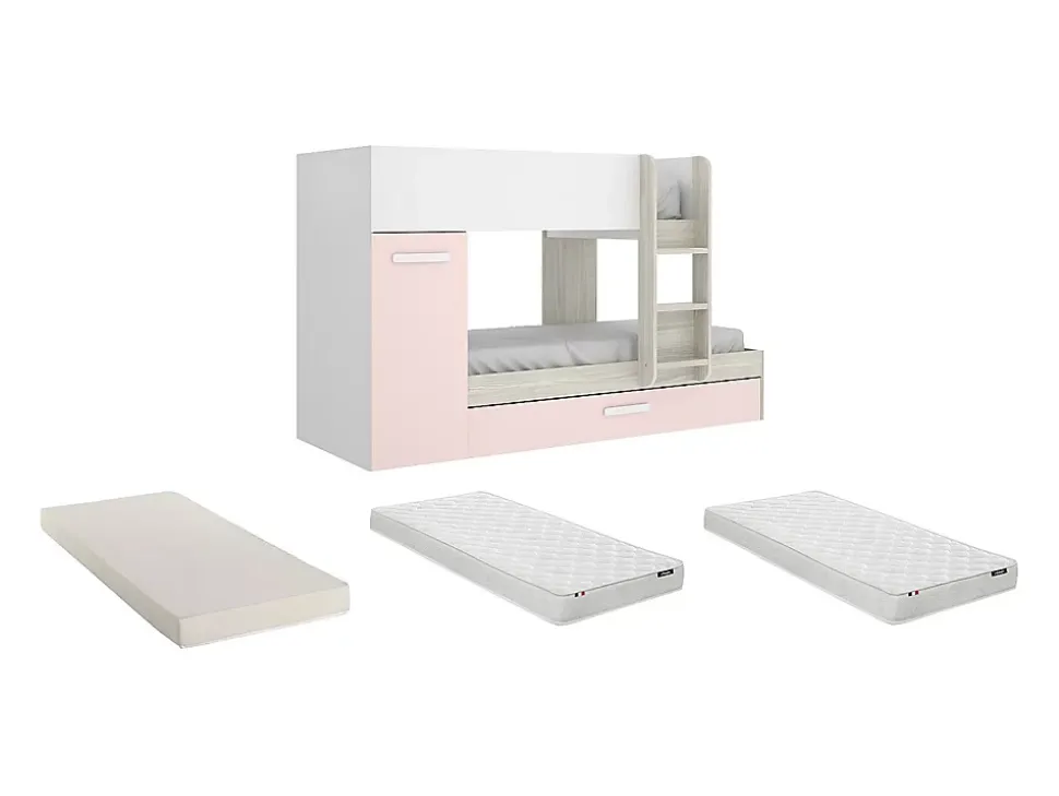 Lits superposés avec tiroir lit gigogne et rangements 3 x 90 x 190 cm - Blanc et rose + matelas - ANTHONY