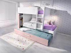 Lits superposés avec tiroir lit gigogne et rangements 3 x 90 x 190 cm - Blanc et rose + matelas - ANTHONY