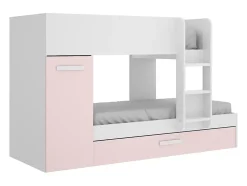 Lits superposés avec tiroir lit gigogne et rangements 3 x 90 x 190 cm - Blanc et rose + matelas - ANTHONY