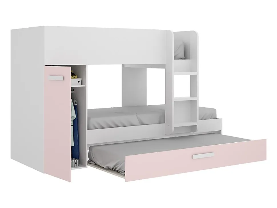 Lits superposés avec tiroir lit gigogne et rangements 3 x 90 x 190 cm - Blanc et rose + matelas - ANTHONY
