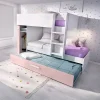 Lits superposés avec tiroir lit gigogne et rangements 3 x 90 x 190 cm - Blanc et rose - ANTHONY