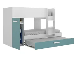 Lits superposés avec tiroir lit gigogne et rangements 3 x 90 x 190 cm - Blanc et bleu - ANTHONY