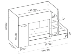 Lits superposés avec tiroir lit gigogne et rangements 3 x 90 x 190 cm - Blanc et bleu - ANTHONY