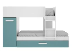 Lits superposés avec tiroir lit gigogne et rangements 3 x 90 x 190 cm - Blanc et bleu - ANTHONY