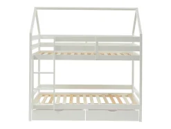 Lits superposés cabane 2 x 90 x 190 cm - 2 tiroirs - Pin - Blanc - CHORI