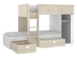 Lits superposés d'angle réversibles RICARDO - 2 x 90 x 190 cm - Rangements intégrés - Chêne et blanc