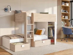 Lits superposés d'angle réversibles RICARDO - 2 x 90 x 190 cm - Rangements intégrés - Chêne et blanc