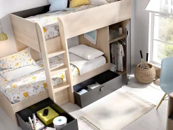 Lits superposés d'angle réversibles RICARDO - 2 x 90 x 190 cm - Rangements intégrés - Chêne et anthracite