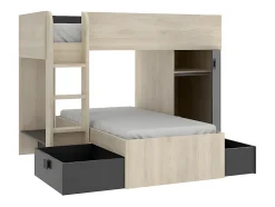 Lits superposés d'angle réversibles RICARDO - 2 x 90 x 190 cm - Rangements intégrés - Chêne et anthracite