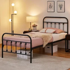 Lot 2 Cadres de Lit Simple 90x200cm Métal Noir + Sommiers à Lattes Design Moderne Chambre