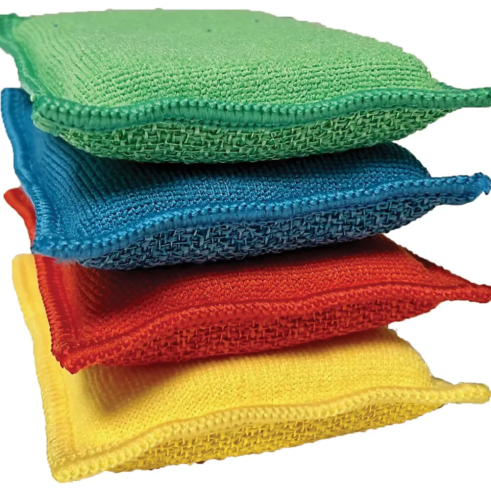 Lot 4 éponges en microfibre recyclée double-face Virtu'O Clean Liseré Vert - jaune, bleu, vert, rouge L.16 x l.10 cm