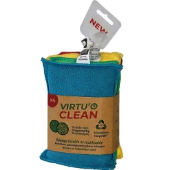 Lot 4 éponges en microfibre recyclée double-face Virtu'O Clean Liseré Vert - jaune, bleu, vert, rouge L.16 x l.10 cm