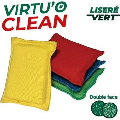 Lot 4 éponges en microfibre recyclée double-face Virtu'O Clean Liseré Vert - jaune, bleu, vert, rouge L.16 x l.10 cm