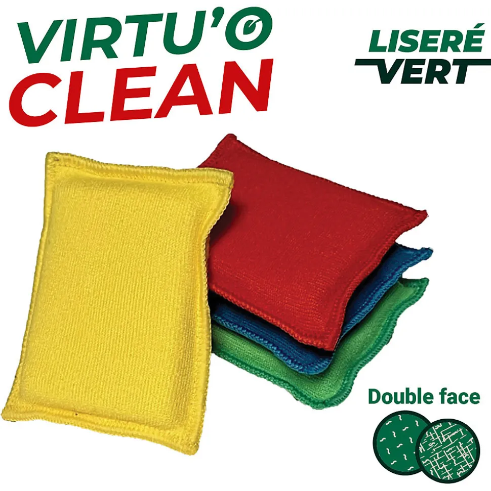 Lot 4 éponges en microfibre recyclée double-face Virtu'O Clean Liseré Vert - jaune, bleu, vert, rouge L.16 x l.10 cm