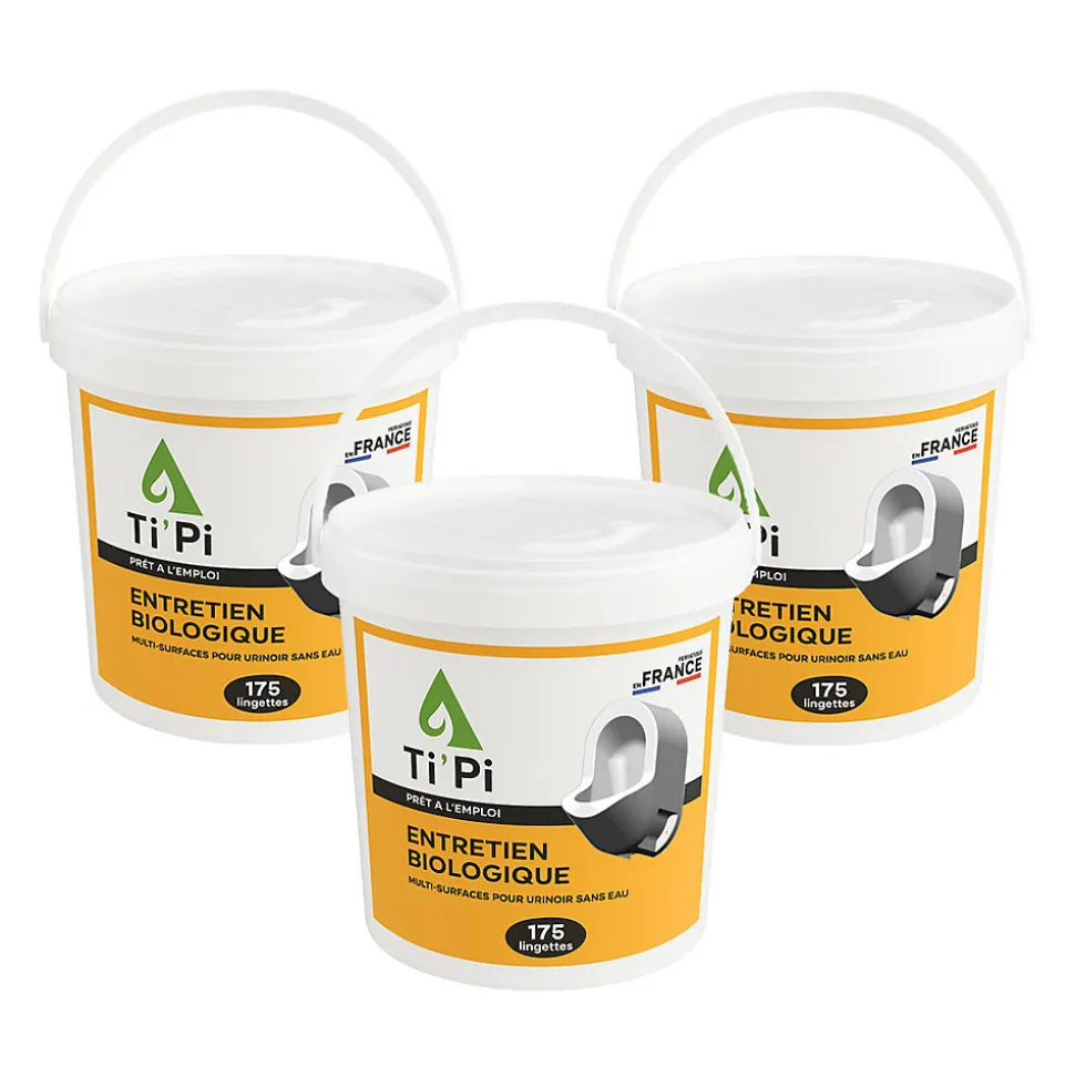 Lot 3 x entretien biologique Ti'Pi pour urinoir sans eau en pot de 175 lingettes - Produit 2 en 1 - Nettoyant et détartrant