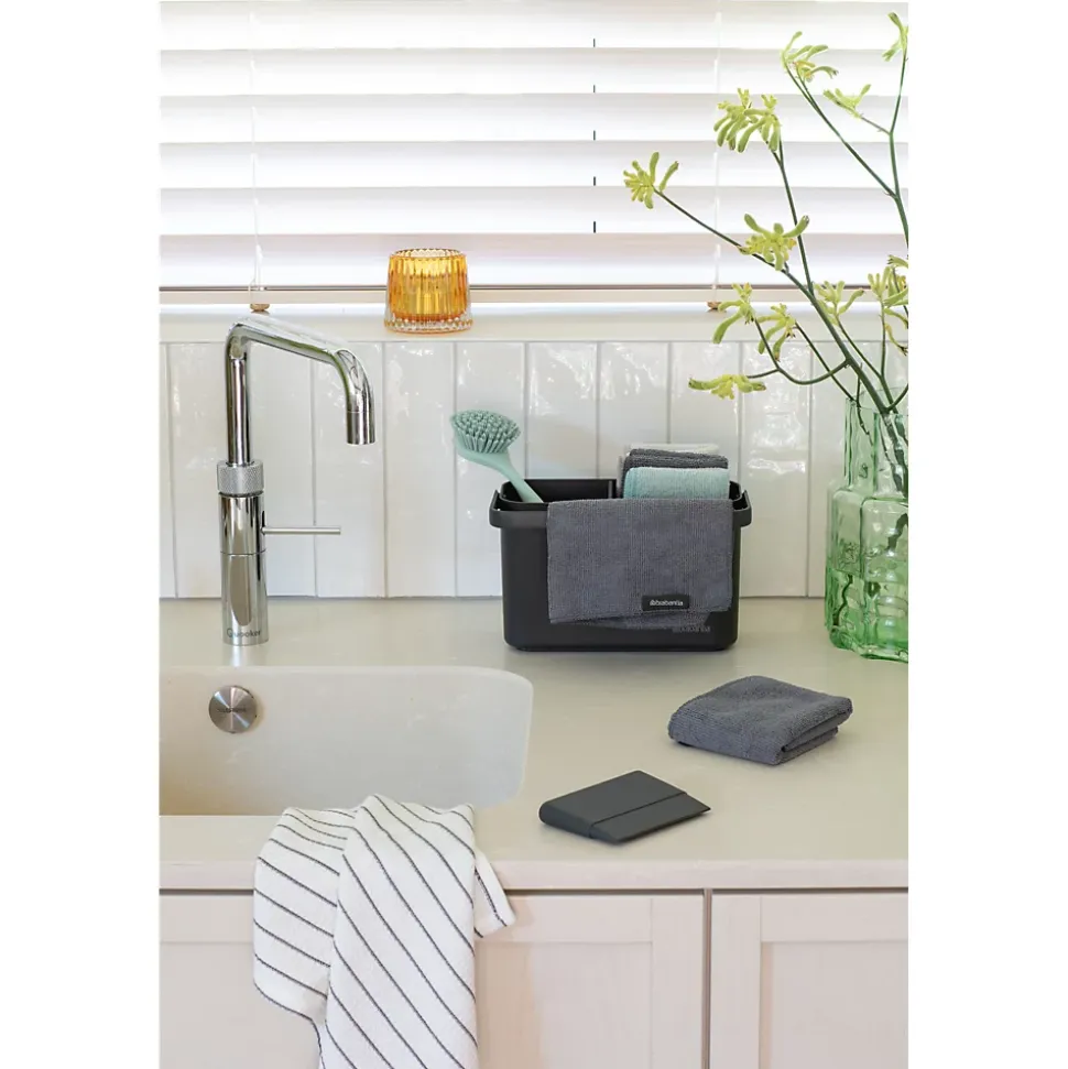 Lot d'accessoires de cuisine avec brosse à vaisselle, raclette, 3 éponges en microfibres et 2 chiffons de nettoyage, gris foncé, Brabantia SinkSide