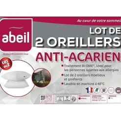 Lot de 2 oreillers anti-acariens - 60 x 60 cm - 100% coton traité Bio - ABEIL