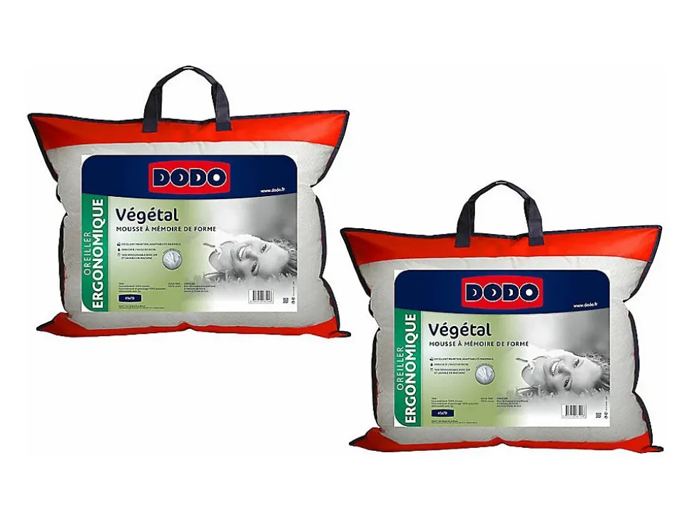 Lot de 2 oreillers DODO ergonomiques à mémoire de forme - 45x70 cm - VEGETAL