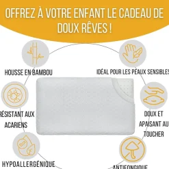 Lot de 3 oreillers enfant respirant en tissu de bambou 50x30x5,5 - INPHYSIO