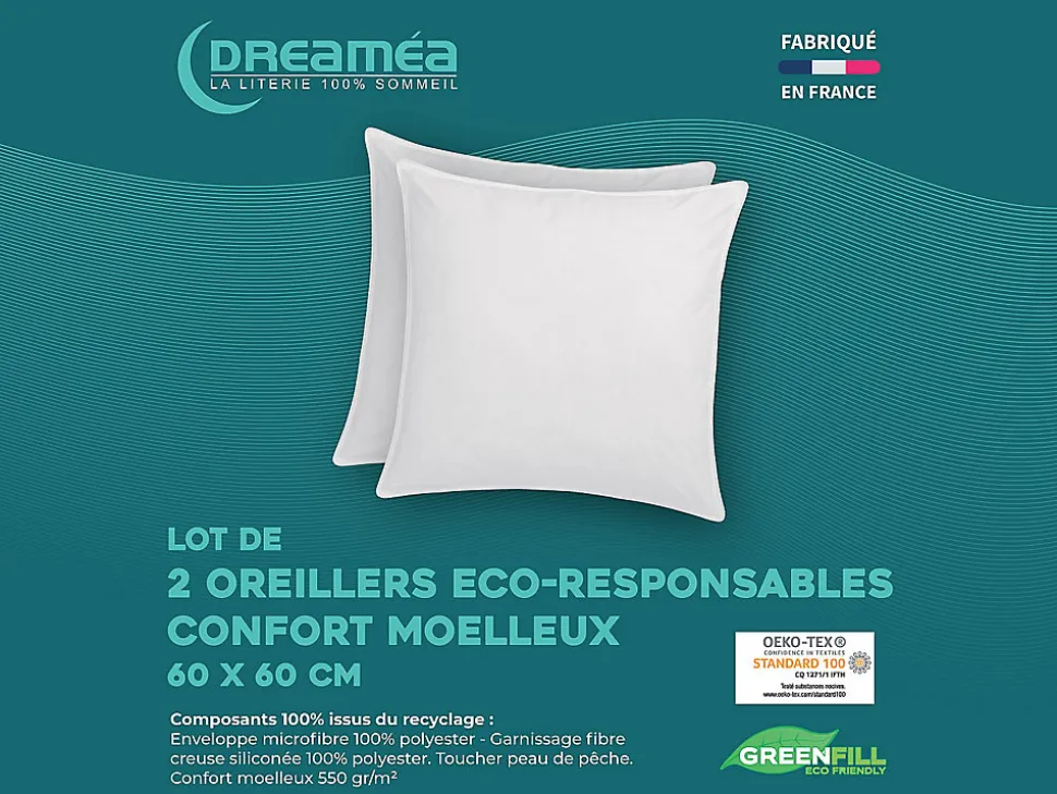 Lot de 2 oreillers recyclés 60 x 60 cm de DREAMEA - Enveloppe 100% microfibre - ROSA