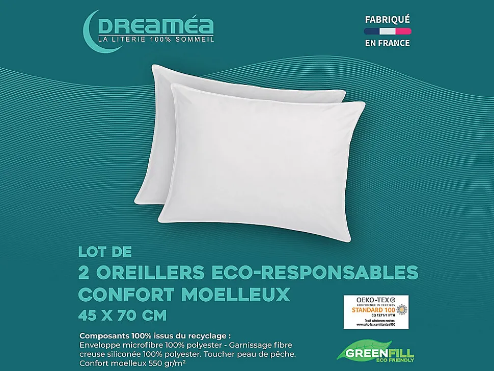 Lot de 2 oreillers recyclés 45 x 70 cm de DREAMEA - Enveloppe 100% microfibre - ROSA