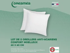 Lot de 2 oreillers traitement anti-acariens naturel Greencare - 60 x 60 cm - 550 gr - Blanc - coton - AZYLIA
