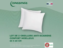 Lot de 2 oreillers traitement anti-acariens naturel Greencare - 60 x 60 cm - 550 gr - Blanc - coton - AZYLIA