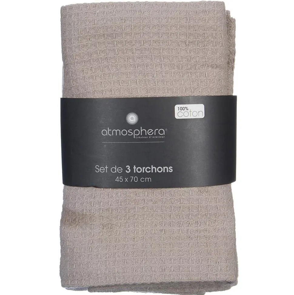 Lot de 3 torchons en coton 45x70 - Gris- Atmosphera