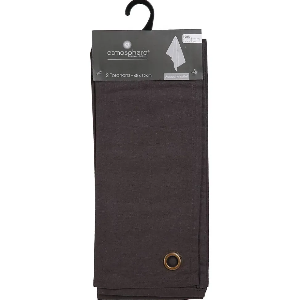 Lot de 2 torchons imprimés - coton - gris foncé - 45x70 cm - Atmosphera