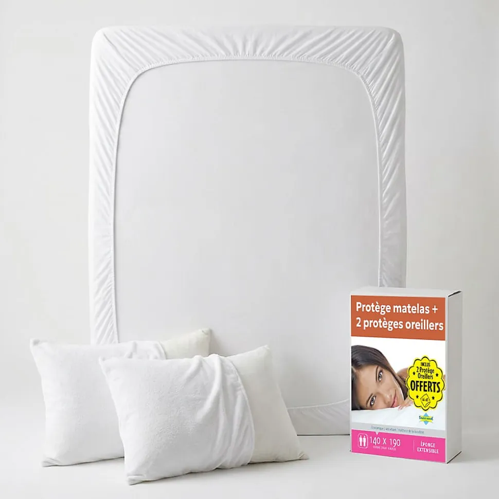 Lot Protège-Matelas 140x190 + 2 Protège-Oreillers 65x65 - Bouclette Éponge Coton Absorbante