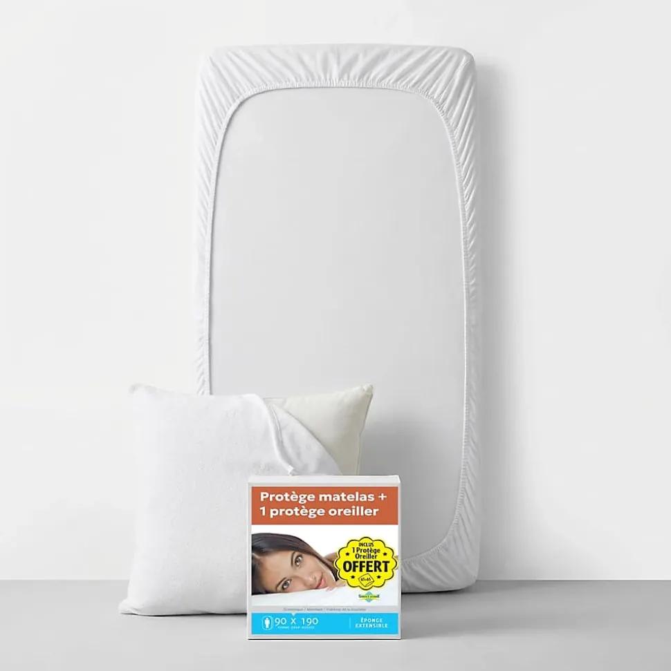 Lot Protège-Matelas 90x190 + 1 Protège-Oreiller 65x65 - Bouclette Éponge Coton Absorbante