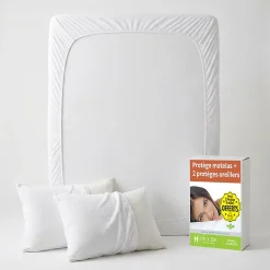 Lot Protège-Matelas 160x200 + 2 Protège-Oreillers 65x65 - Bouclette Éponge Coton Absorbante