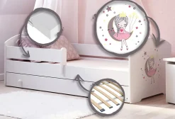 LUK lit enfant avec tiroir et barreau 140x70 princesse endormie