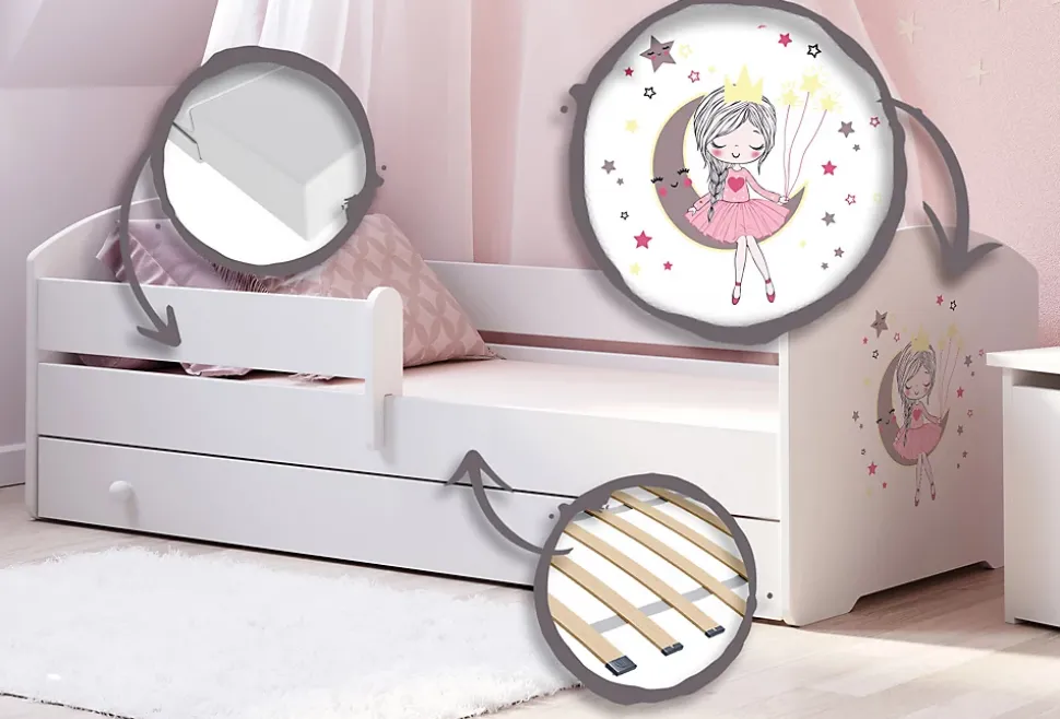 LUK lit enfant avec tiroir et barreau 160x80 princesse endormie