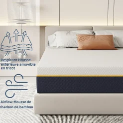 Matelas Adulte 90x190 cm, Épaisseur 21 cm, Mousse à Mémoire + Fibres de Charbon de Bambou
