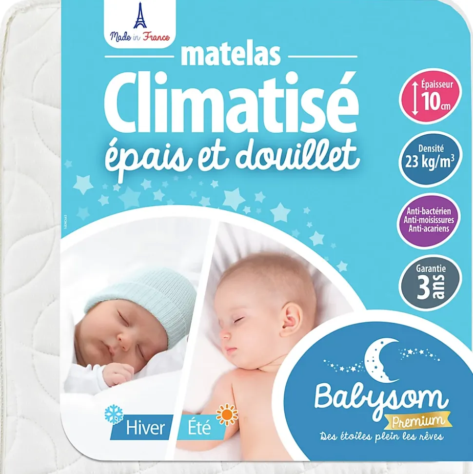Matelas Bébé Climatisé - 1 Face Été Fraîche et 1 Face Hiver Ouatinée - Anti-acarien - Oeko-Tex - Fabrication française