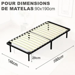 Matelas double en mousse de 17 cm + sommier à lattes 90x190 cm 16 rangées de lattes