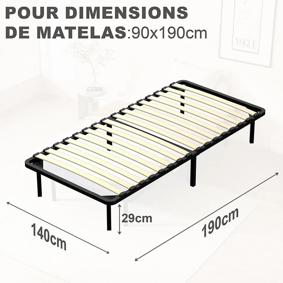 Matelas double en mousse de 17 cm + sommier à lattes 90x190 cm 16 rangées de lattes