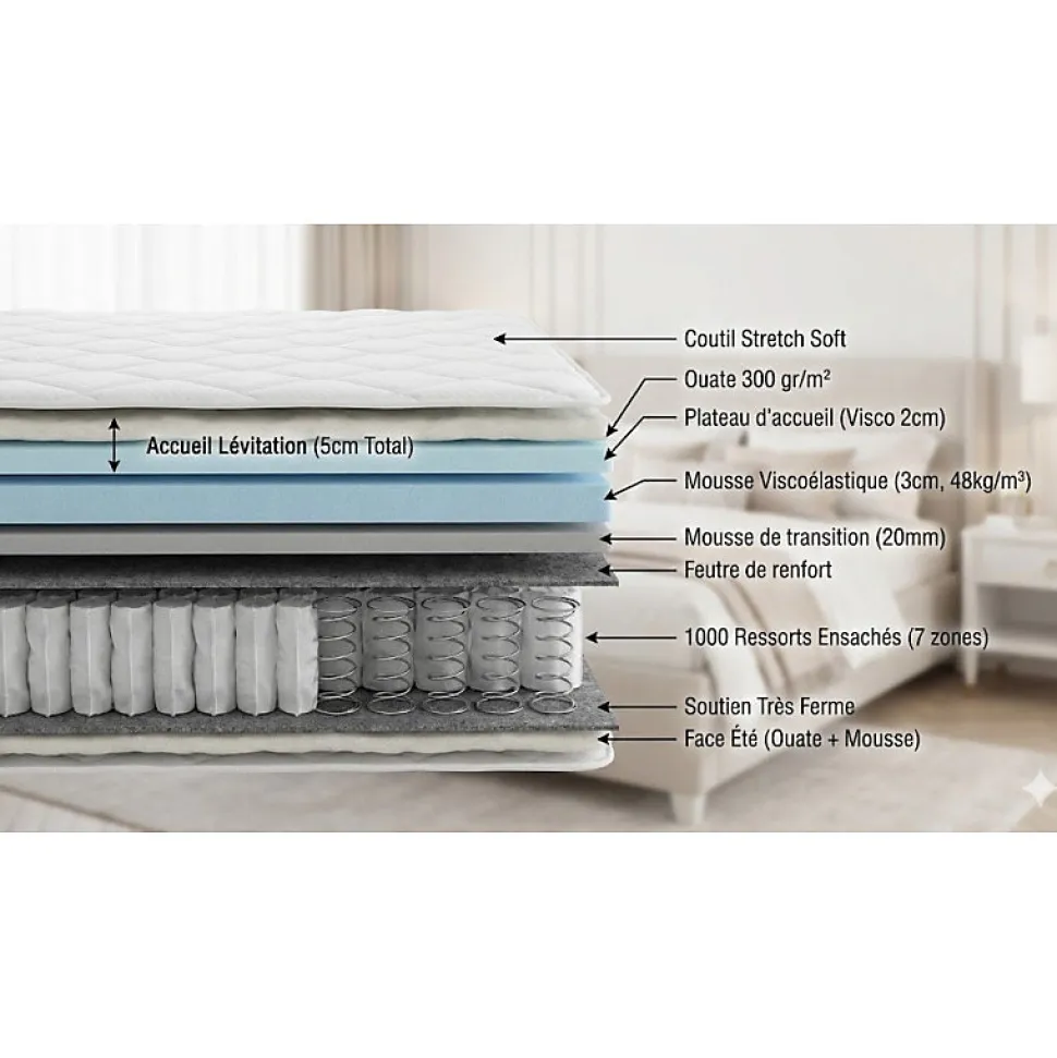 Matelas Essenzia LEVITATION Très Ferme 1000 + Sommier Tradition Graphic 13 cm + Pieds 120x190 Gris clair Ressorts