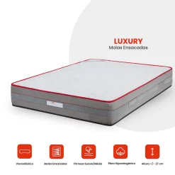 Matelas Luxury - ressorts ensachés et viscoélastique pour un soutien adaptatif, 27 cm.