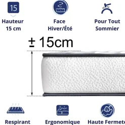 Matelas Mousse 90x200 New York, Ferme, Réversible, Côté Été/hiver, H15 Cm