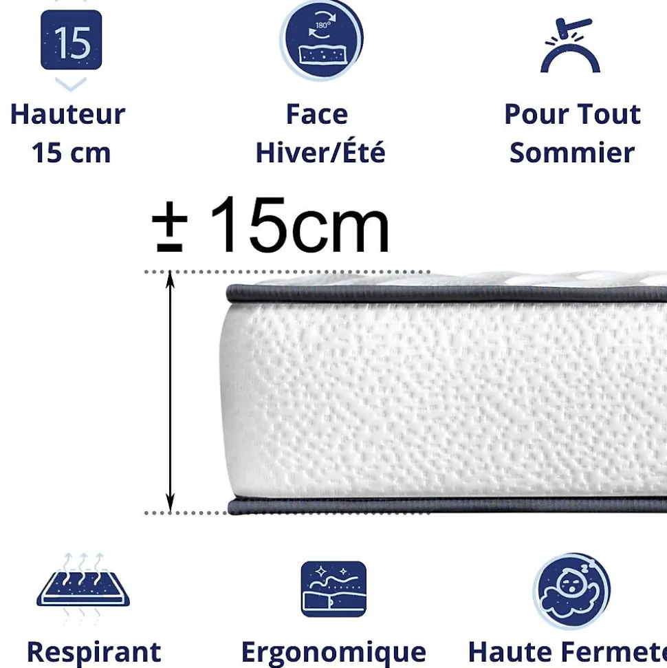 Matelas Mousse 90x200 New York, Ferme, Réversible, Côté Été/hiver, H15 Cm